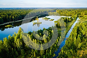 Aerial photo of the lake in the forests. Lake with small islands