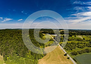 Aerial photo of the landscape of the franconian suisse near the village of Biberbach