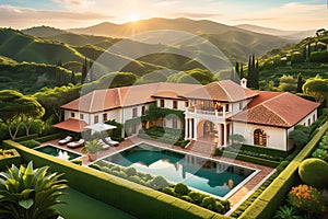 Aerial Photo of a Lavish Estate Nestled in the Verdant Countryside - Sprawling Gardens, Mosaic-Tiled Luxury, Tranquil Oasis
