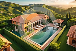 Aerial Photo of a Lavish Estate Nestled in the Verdant Countryside - Sprawling Gardens, Mosaic-Tiled Luxury, Tranquil Oasis