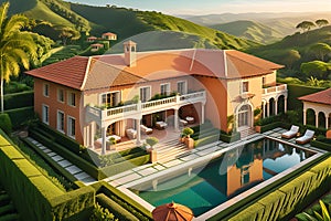 Aerial Photo of a Lavish Estate Nestled in the Verdant Countryside - Sprawling Gardens, Mosaic-Tiled Luxury, Tranquil Oasis