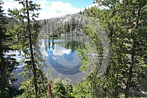 Aerial photo of Little bear lake at Eureka Plumas Forest, Lake Basin, California photo