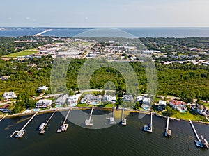 Aerial photo luxury waterfront homes with dock Gulf Breeze Florida USA