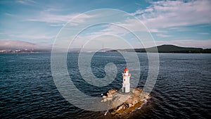 Aerial photo of marine landscape with views of the landmark lighthouse Tokarevskiy