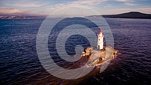 Aerial photo of marine landscape with views of the landmark lighthouse Tokarevskiy