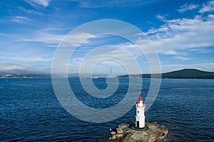 Aerial photo of marine landscape with views of the landmark lighthouse Tokarevskiy