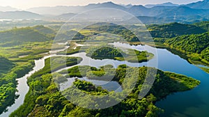 Aerial photo of natural scenery of Huayang Lake Wetland Park, Dongguan, China. Generative AI