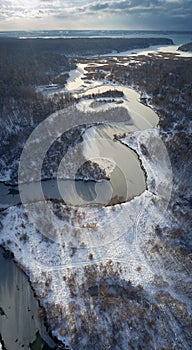 Aerial photo panorama of Koen river under ice and snow. Beautiful winter landscape