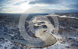 Aerial photo panorama of Koen river under ice and snow. Beautiful winter landscape