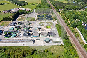 Aerial photo of purification tanks of modern wastewater treatment plant, the waste water and sewage treatment plant is located in