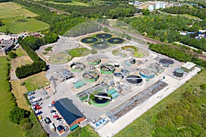 Aerial photo of purification tanks of modern wastewater treatment plant, the waste water and sewage treatment plant is located in