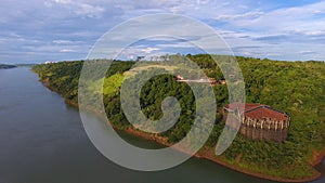 The aerial photo of river in the Marco Das Tres Fronteiras in the side of Fz do iguaÃ§uin Brazil