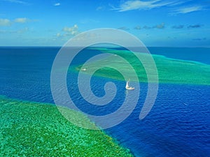 Aerial photo of a sailboat navigating through a tropical pass between reefs