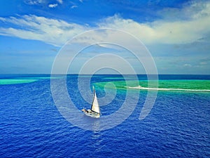 Aerial photo of a sailboat navigating through a tropical pass between reefs