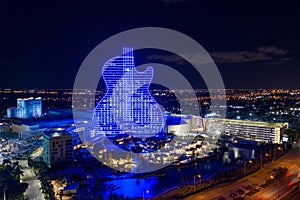 Aerial photo of the Seminole Hard rock casino guitar shaped hotel