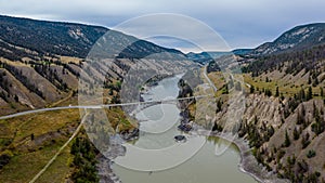 Aerial photo of the Sheep Creek Bridge over the Fraser River on British Columbia Highway 20 aka Chilcotin-Bella Coola hwy, Canada