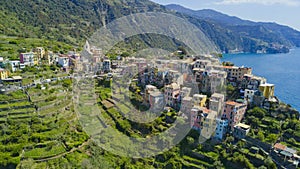 Aerial photo shooting with drone on Corniglia one of the famous Cinqueterre photo