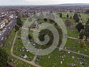 Aerial photo showing a graveyard taken in the UK town of Aylesbury