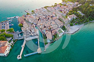 Aerial photo of Sirmione city old town panorama on lake Garda in Lombardy, Italy