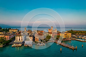 Aerial photo of Sirmione city old town panorama on lake Garda in Lombardy, Italy