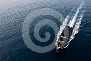 aerial photo of a sleek black yacht cruising the ocean, wake trailing behind