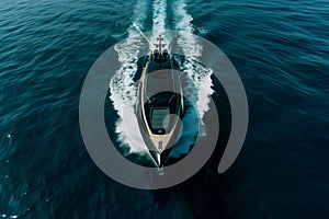 aerial photo of a sleek black yacht cruising the ocean, wake trailing behind