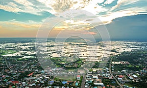 Aerial photo of small town and flood