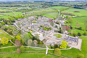 Aerial photo of the small village of Ripley in Harrogate, North Yorkshire in the UK showing the historical British Ripley Castle