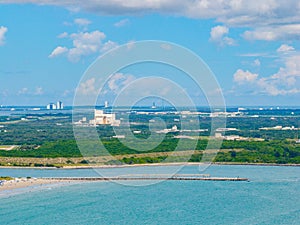 Aerial photo Space Coast Cape Canaveral rocket launch complexes