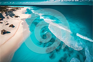 Aerial photo of summer beach and blue ocean with sky, poetic scenery background
