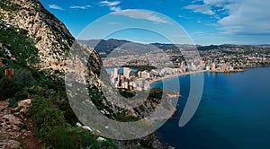 Aerial photo to salt lake and Mediterranean Seascape, Calpe or Calp resort spanish town above view from Penon de Ifach or Penyal d photo
