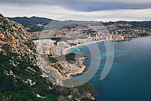 Aerial photo to salt lake and Mediterranean Seascape, Calpe or Calp resort spanish town, top view from Penon de Ifach or Penyal d photo
