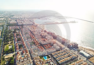 Aerial photo of Torrevieja cityscape during sunrise. Costa Blanca, Spain