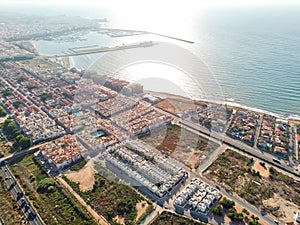 Aerial photo of Torrevieja cityscape during sunrise. Costa Blanca, Spain