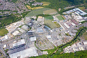 Aerial photo of the town of Huddersfield, showing the main town centre on a sunny summers day in the summer time in the Borough of