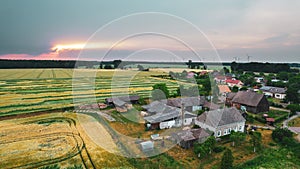 Aerial photo of a typical Polish hosing estate in the mountains towns, taken on a sunny part cloudy day using a drone, showing the