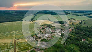 Aerial photo of a typical Polish hosing estate in the mountains towns, taken on a sunny part cloudy day using a drone, showing the