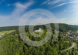 Aerial photo of the Vexier-chapel near the village of Reifenberg at the franconian suisse