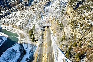 Aerial view Glenwood Springs Tunnel during winter on I-70 heading east to Aspen photo