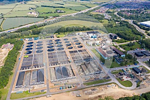 Aerial photo of a waste water recycling complex located in the town of Milton Keynes in the UK