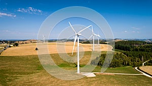 Aerial photo of wind turbines in the fields, Aveyron