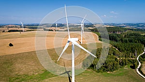 Aerial photo of wind turbines in the fields, Aveyron