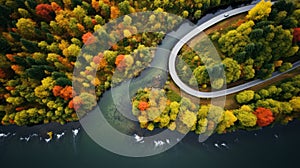 Aerial View Of Autumn River With Colorful Trees - Captivating Photography photo