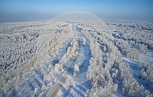 Aerial photo of winter road surrounded by birch forest. Drone shot of trees covered with hoarfrost and snow