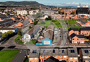 Aerial Photo of The Women`s Quilt and Shankill Road Murals Belfast Northern Ireland
