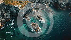 This aerial photograph captures a body of water set amidst towering cliffs, showcasing the dramatic natural landscape, Panoramic