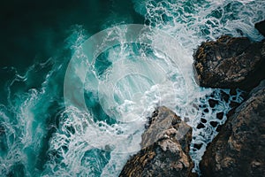 This aerial photograph captures the vast expanse of the ocean and the ruggedness of the rocks below, Aerial capture of waves