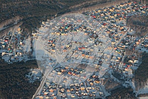 Aerial photograph, cottage settlement in winter. Kazan, Russia