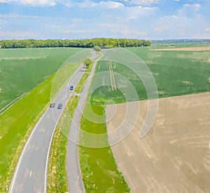 Aerial photograph with the drone camera of a small asphalted cou