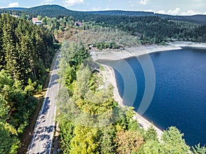 Aerial photograph of the Okertalsperre dam in the Oberharz between Clausthal-Zellerfeld and Goslar, taken with the drone